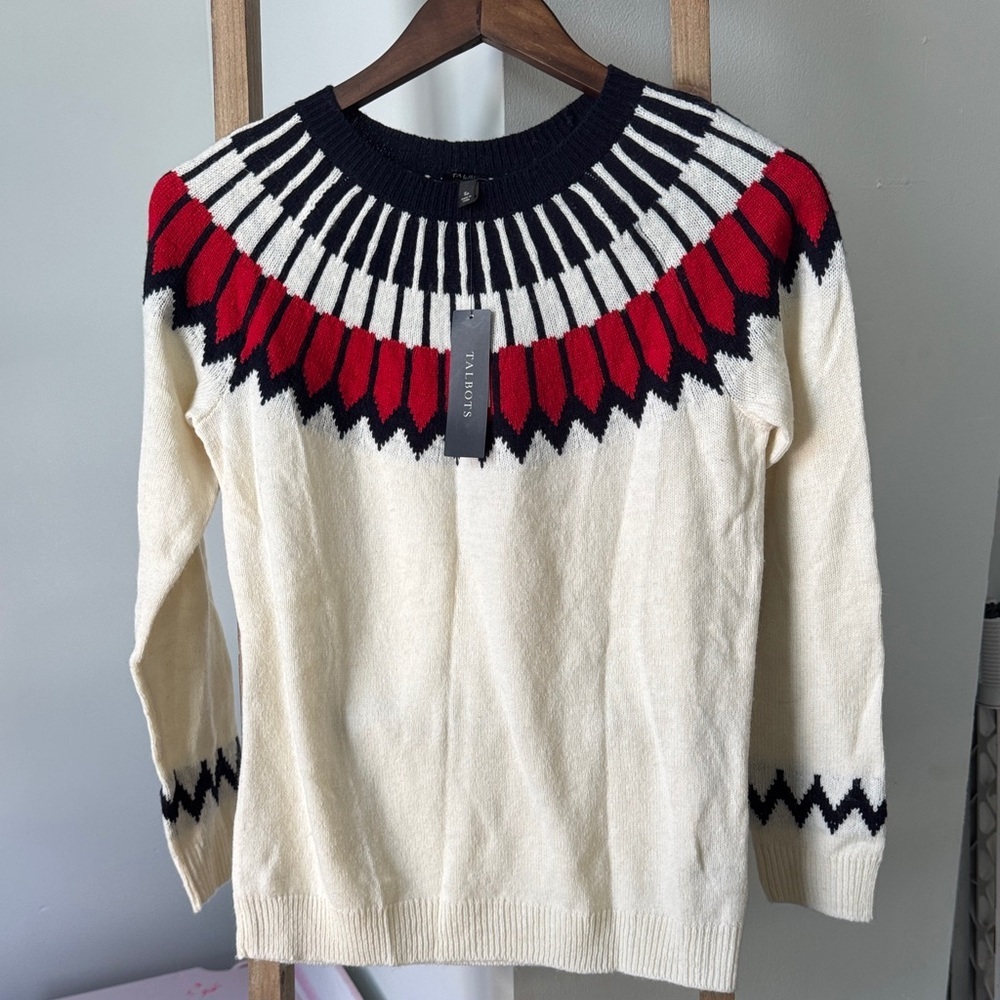 Talbots Cream Sweater with Red and Black Chevron